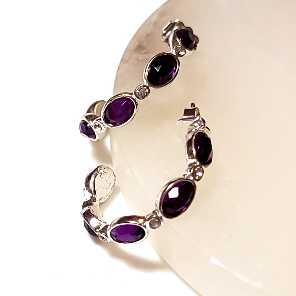Avon Birthstone-Color Hoop Earrings February Amethyst Silver Tone Rhinestone - Picture 5 of 16